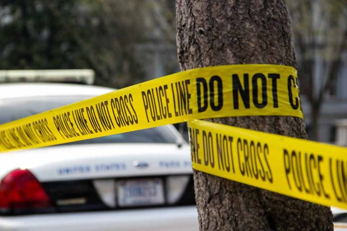 Police tape surrounding a tree and police car.