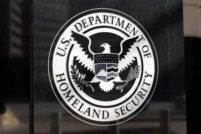 U.S. Department of Homeland Security emblem on wall.