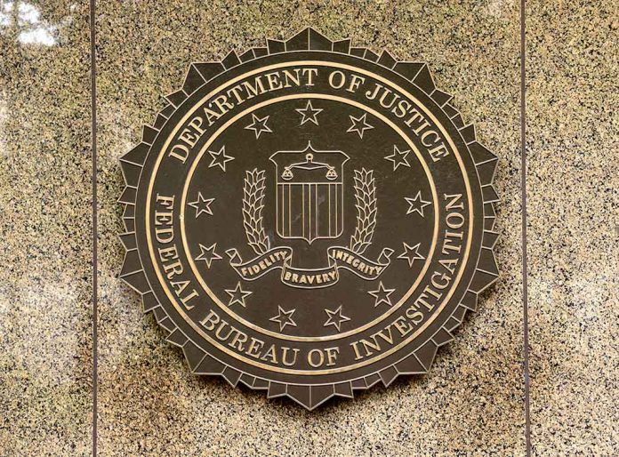 FBI seal on a marble wall.