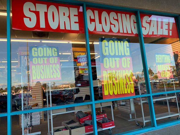 Store closing sale with going out of business signs.