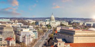 Washington, D.C. skyline with Capitol Building in background.