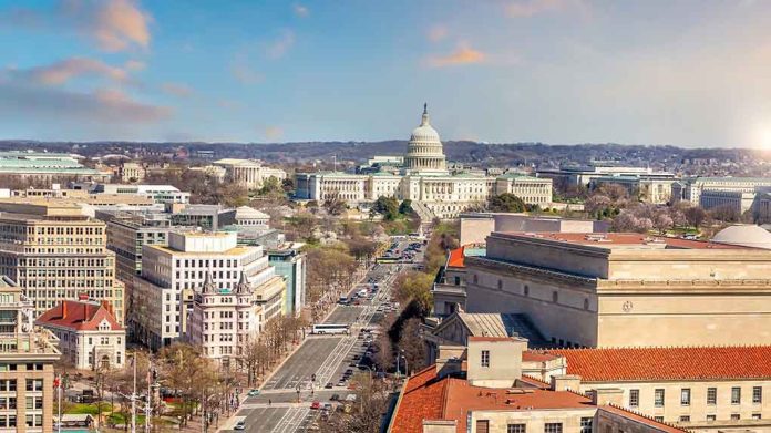 Washington, D.C. skyline with Capitol Building in background.