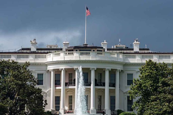 White House with American flag and fountain, stormy sky.