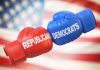 Red and blue boxing gloves Republicans versus Democrats