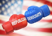 Red and blue boxing gloves Republicans versus Democrats