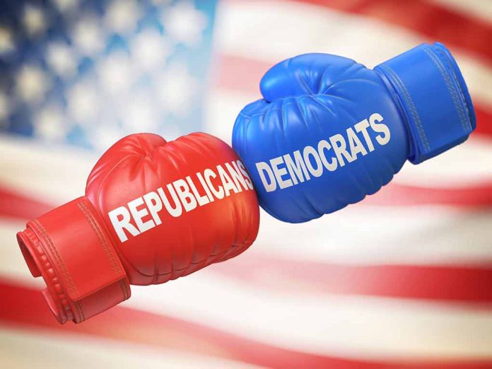 Red and blue boxing gloves Republicans versus Democrats