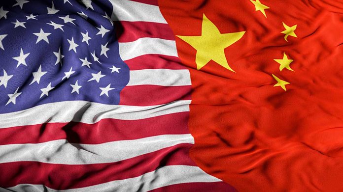 USA and China flags merged together