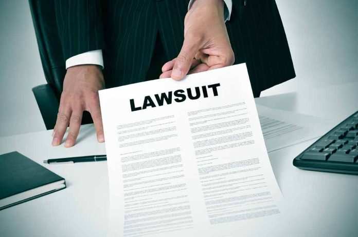 Person holding a document labeled "Lawsuit."