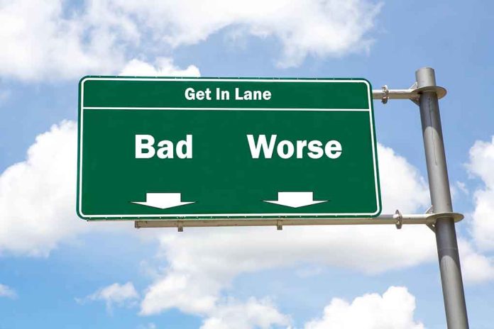 Green sign reads "Bad" and "Worse" arrows.