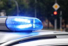 Blue police siren light flashing on vehicle roof