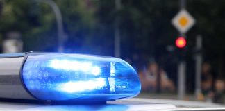 Blue police siren light flashing on vehicle roof