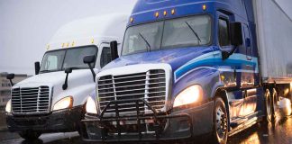 Two trucks driving on a wet road