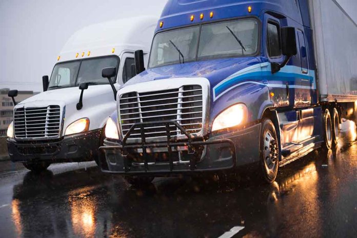 1011507415 featured image Two trucks driving on a wet road