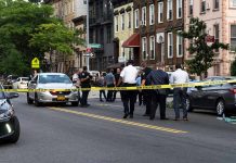 Police gathered at an urban crime scene