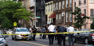 Police gathered at an urban crime scene