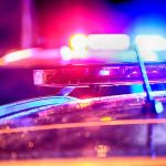 Closeup of police car lights flashing at night