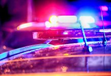 Closeup of police car lights flashing at night