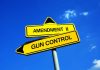 Yellow signs reading Amendment II and Gun Control
