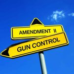 Yellow signs reading Amendment II and Gun Control