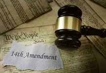 Gavel on 14th Amendment document with Constitution background