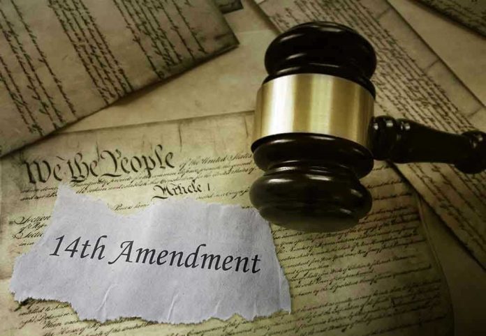 1087824167. Gavel on 14th Amendment document with Constitution background
