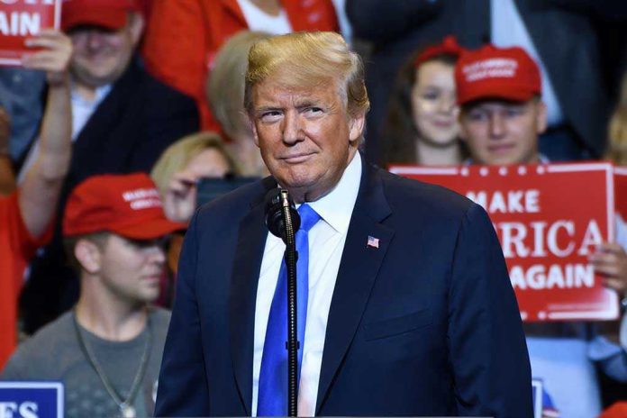 1149680009 Person at a rally with Make America Great Again signs.