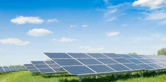 Solar panels in a grassy field under blue sky