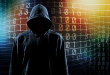 Hooded figure with binary code background