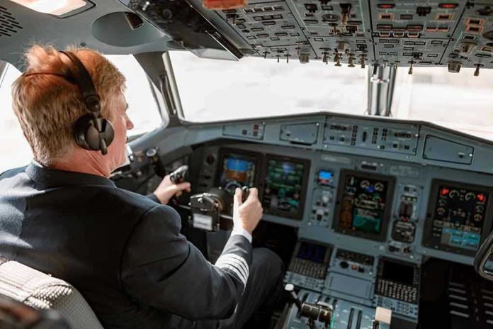 Pilot in cockpit operating airplane controls