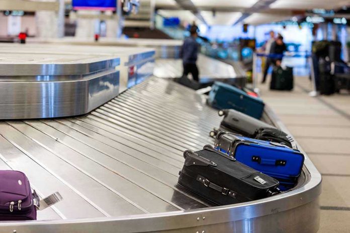 227875015 Luggage on airport baggage claim conveyor belt
