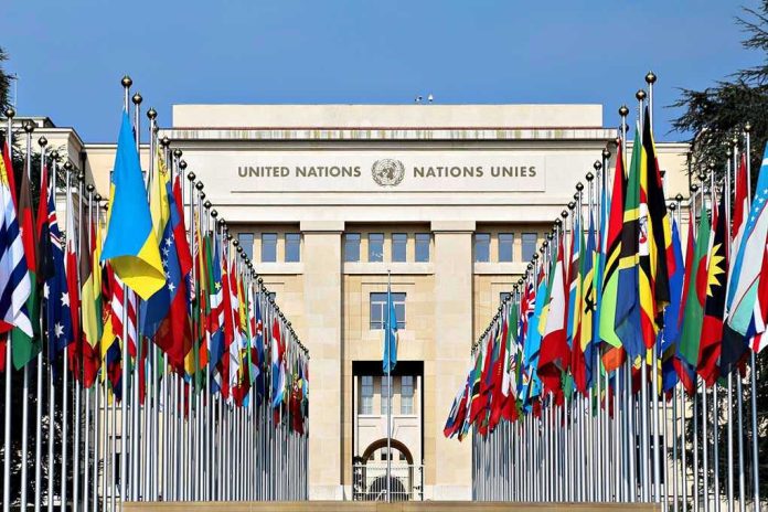 423802144 United Nations building with numerous national flags outside