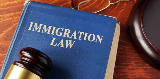 Blue immigration law book with wooden gavel