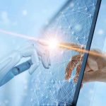 Robotic and human hands touching through a screen
