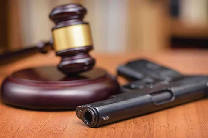 1329218465 Gavel and handgun on a wooden surface.