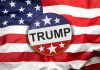 Button with Trump on American flag.
