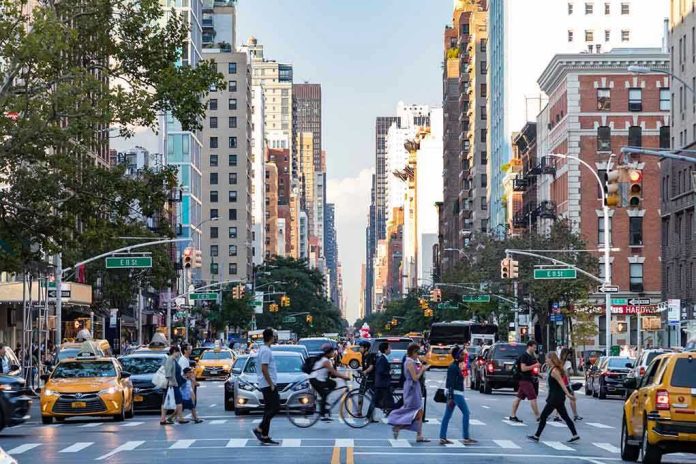 City street with pedestrian crossing and traffic