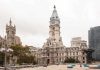 Philadelphia City Hall with a cloudy sky in the background