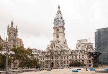 Philadelphia City Hall with a cloudy sky in the background