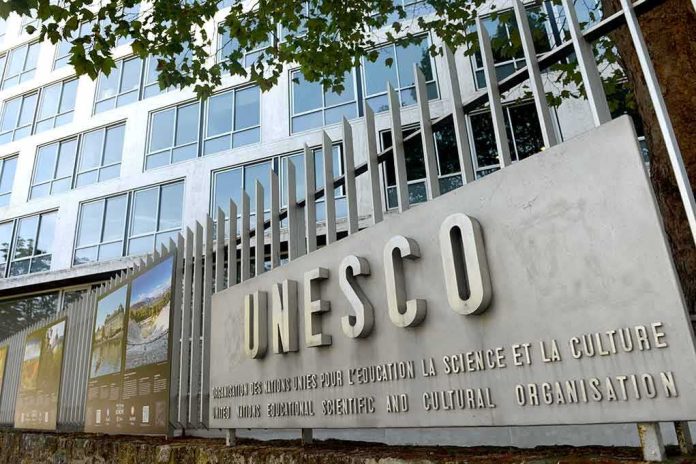 Exterior view of the UNESCO building with a prominent sign