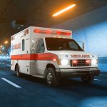 Ambulance driving through a brightly lit tunnel.