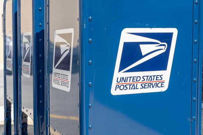 1798124164 Blue USPS mail collection boxes in a row