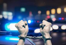Hands in handcuffs in front of police cars.
