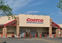 Costco Wholesale store front with entrance and exit.