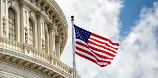 U.S. flag in front of Capitol building dome.