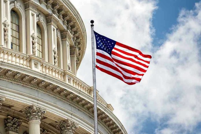 U.S. flag in front of Capitol building dome.