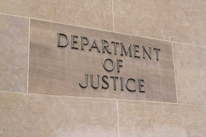 Department of Justice sign on a building.