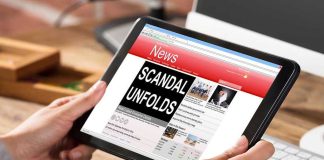 Person reading news headline Scandal Unfolds on tablet