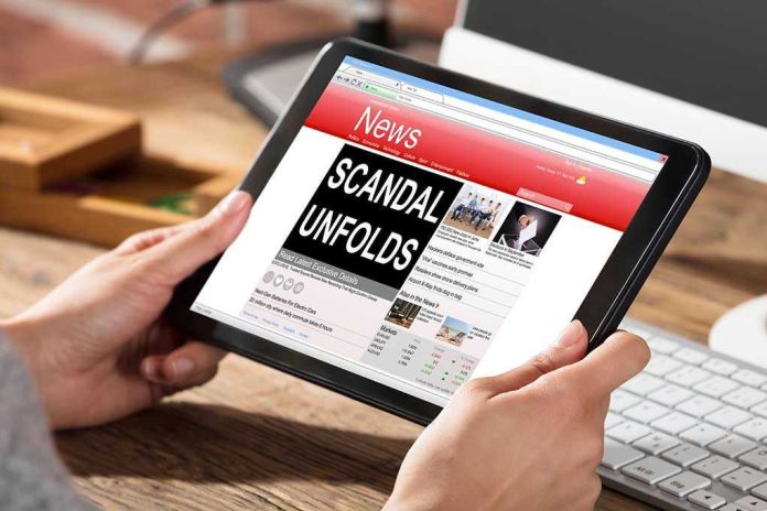 Person reading news headline Scandal Unfolds on tablet
