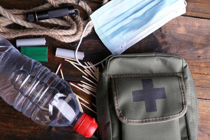 An assortment of emergency supplies including a first aid kit, water bottle, face mask, and matches