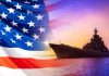 War Crime Allegations Rock Defense Secretary American flag overlaying warship at sunset.